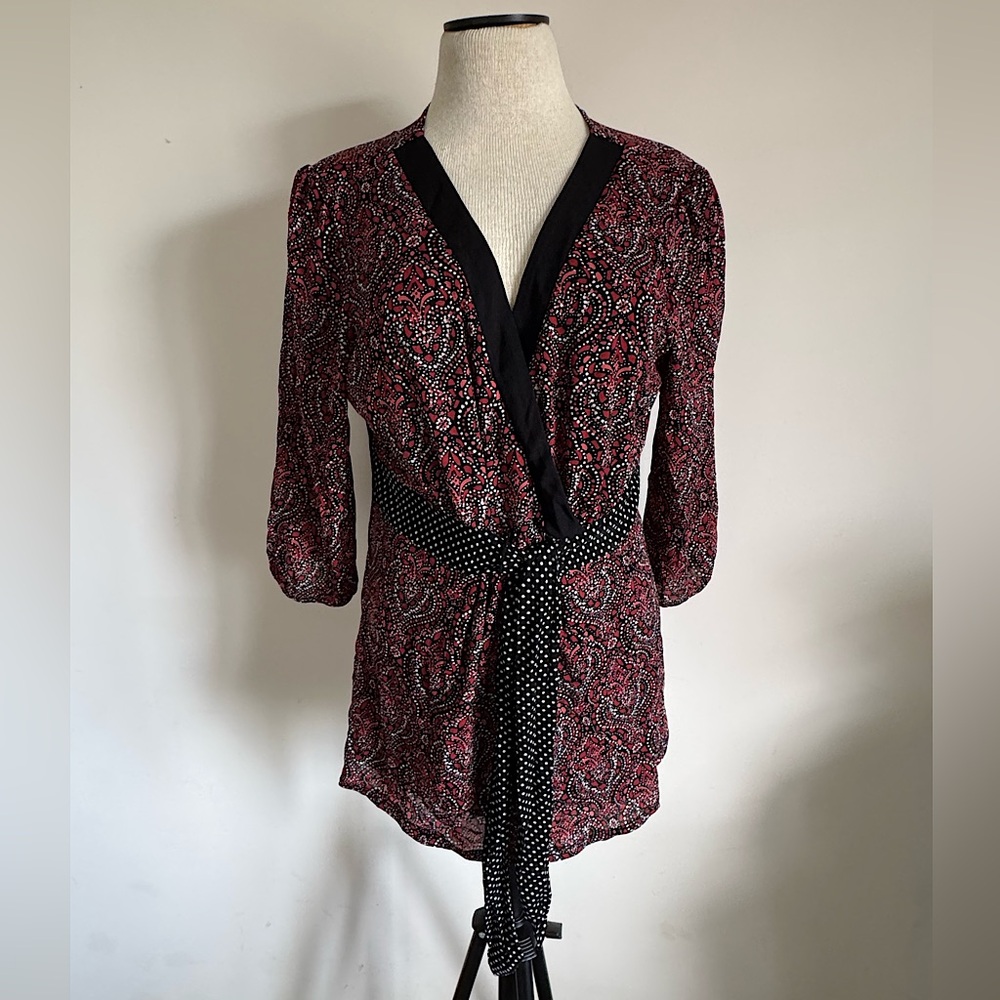 STYLE&CO Red Black White Paisley Polka Dot Crossover Kimono Blouse Top XL